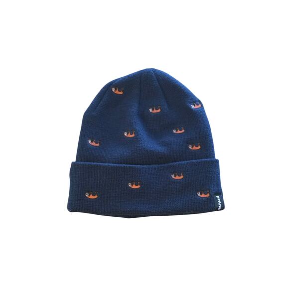 PrAna Embroidered Sloth Beanie Wild Now All-Over Animal Navy Blue - Picture 1 of 3